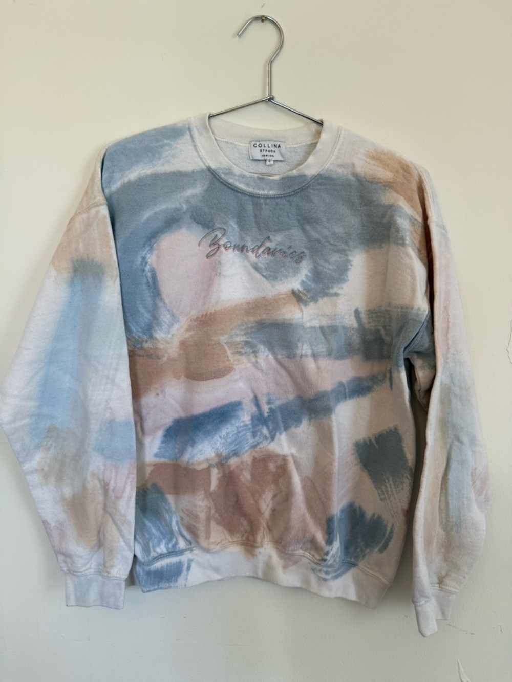 Collina Strada BOUNDARIES Tie-Dye Crewneck in Blue, Tan & White